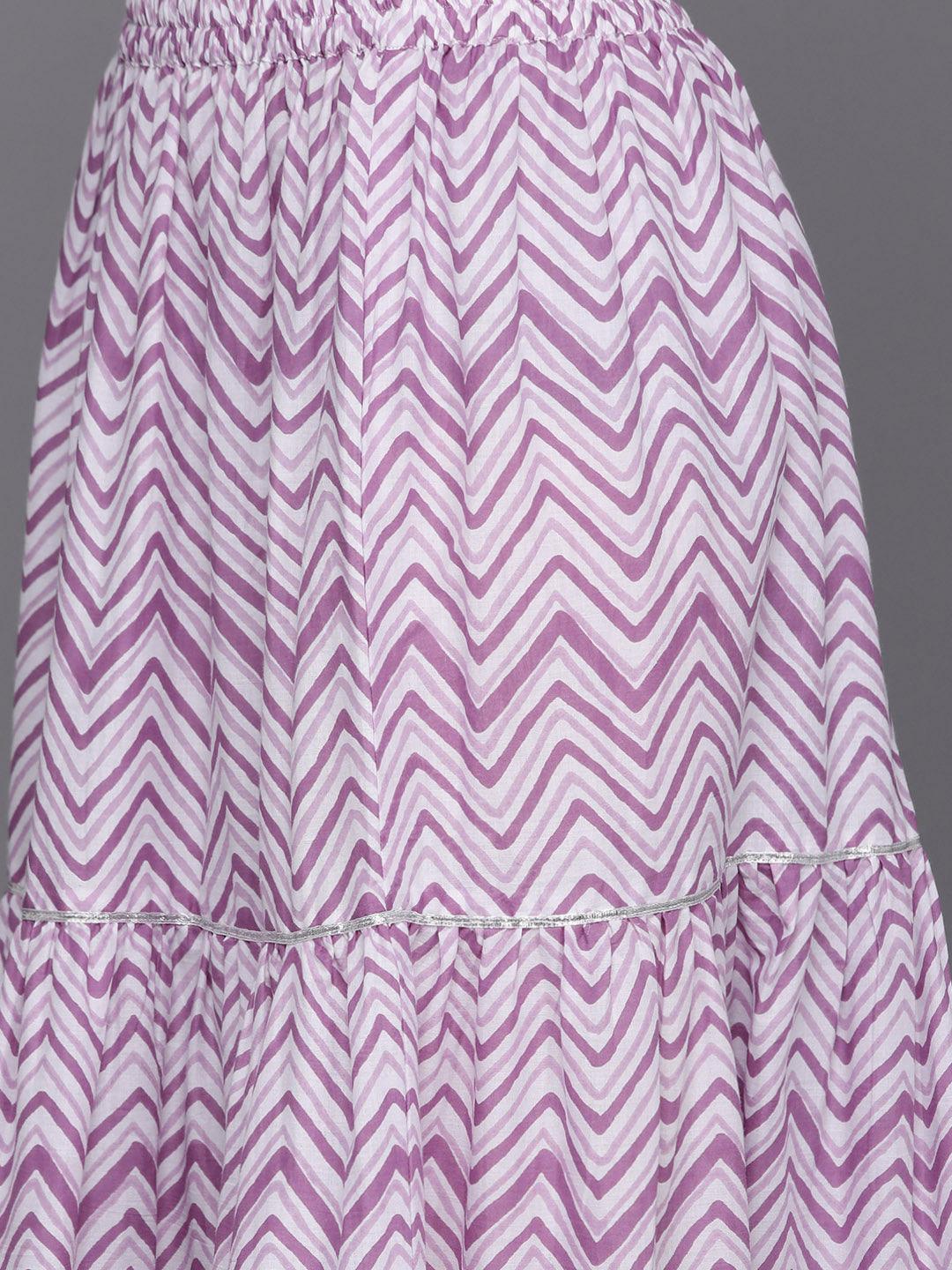 Purple Printed Cotton Straight Kurta With Skirt & Dupatta