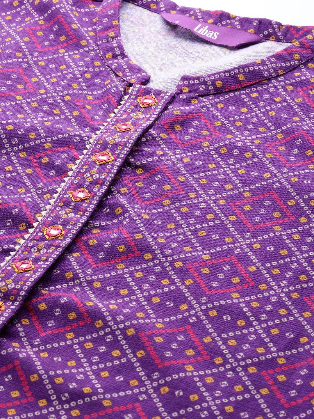 Purple Printed Cotton Straight Kurta With Trousers