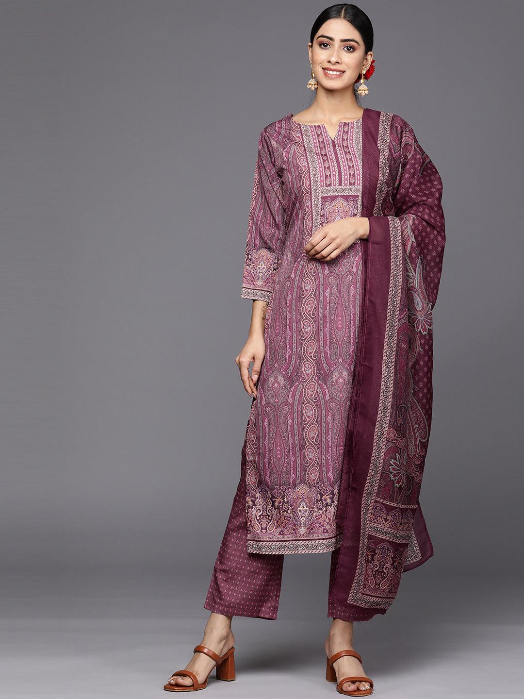 Purple Printed Crepe Straight Suit Set With Trousers - Libas 