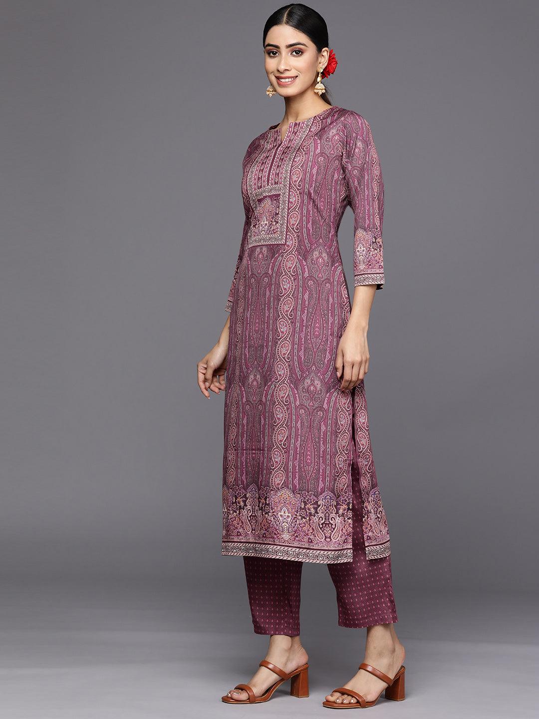 Purple Printed Crepe Straight Suit Set With Trousers - Libas 