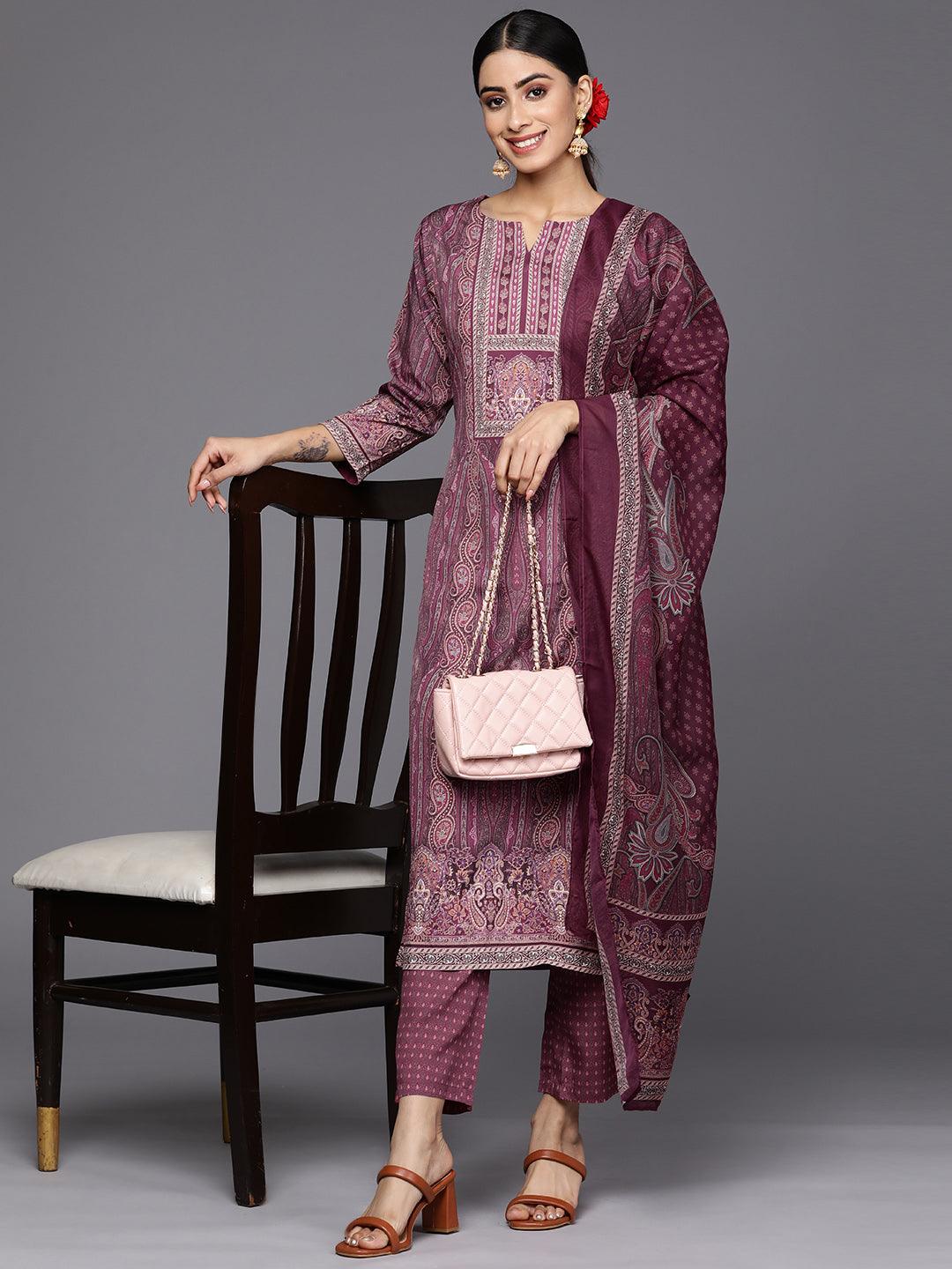 Purple Printed Crepe Straight Suit Set With Trousers - Libas 