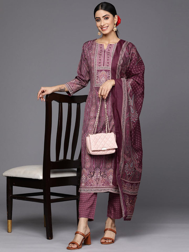 Purple Printed Crepe Straight Suit Set With Trousers - Libas