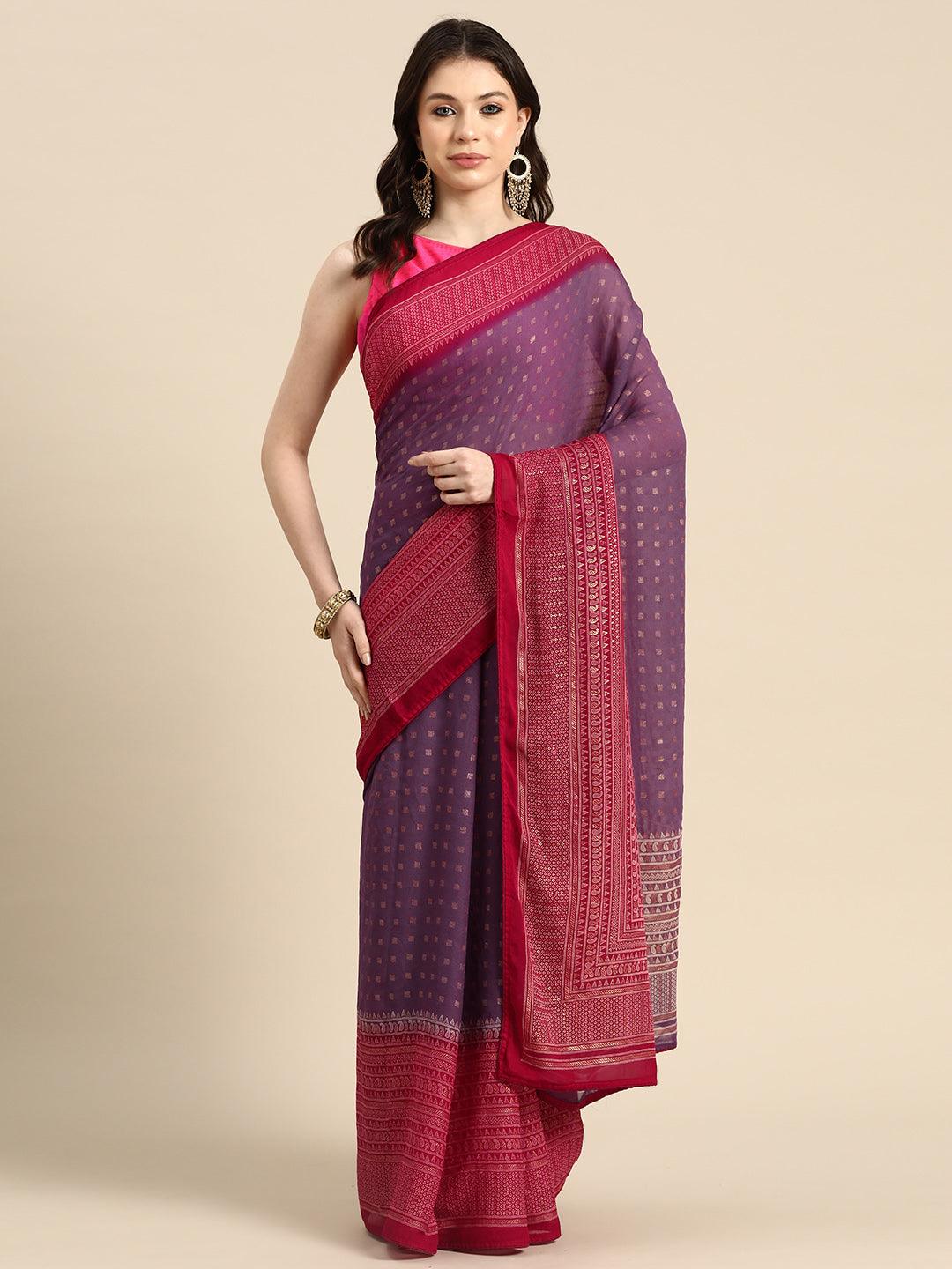 Purple Printed Georgette Saree - Libas