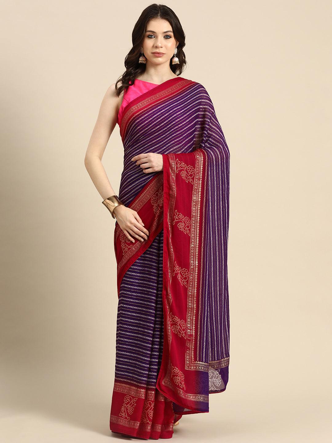 Purple Printed Georgette Saree - Libas 