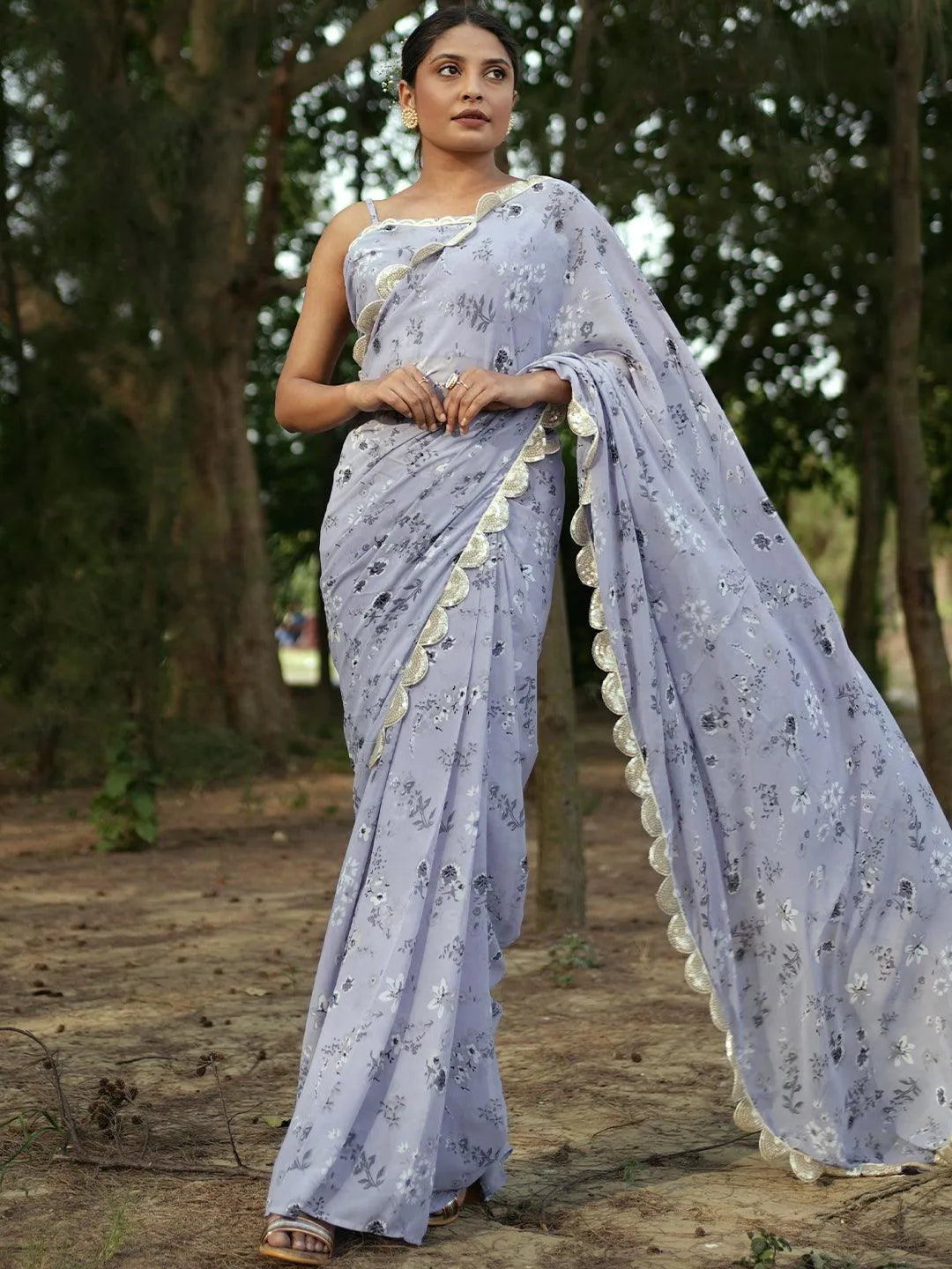 Purple Printed Georgette Saree - Libas 