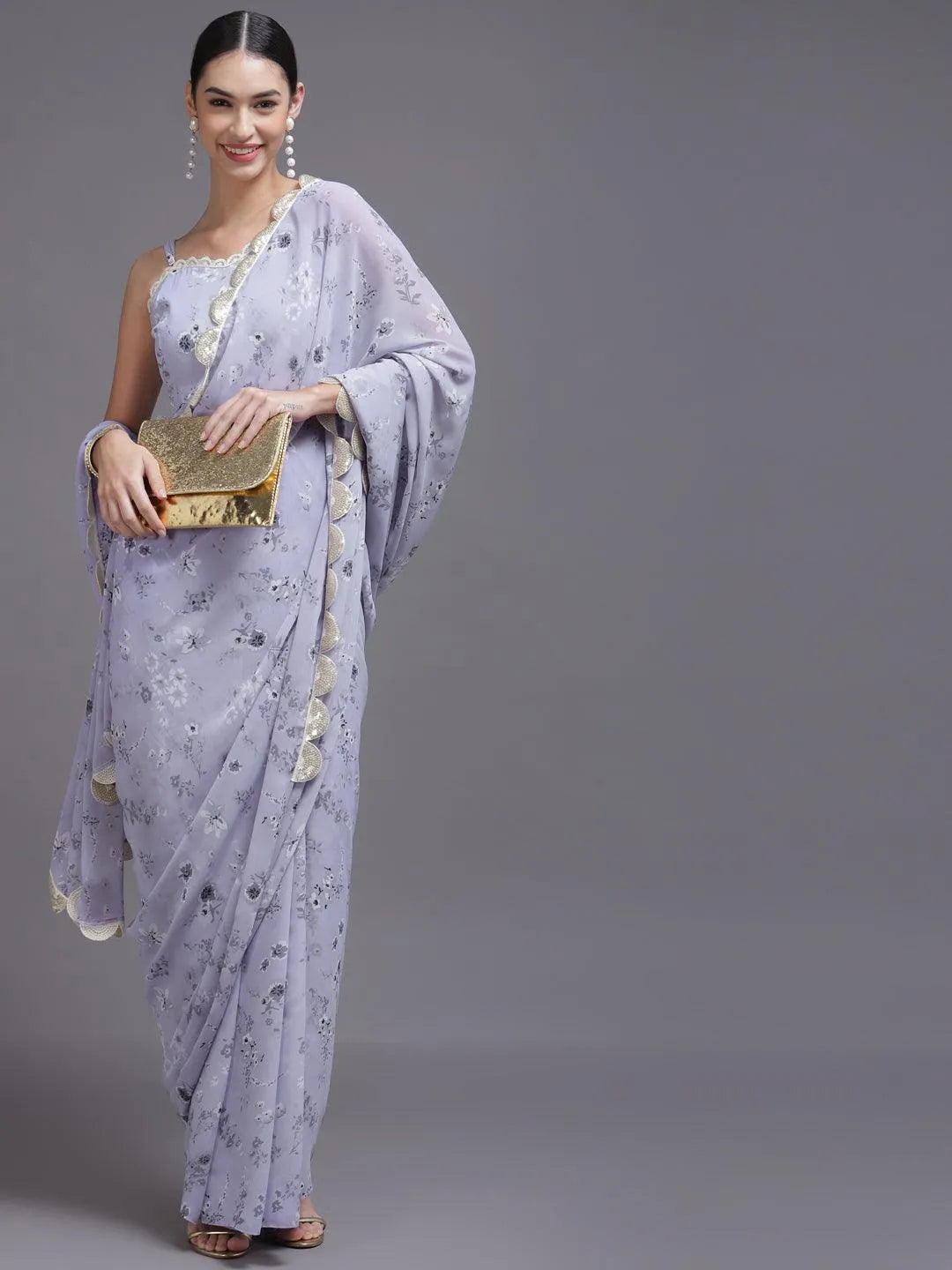 Purple Printed Georgette Saree - Libas 