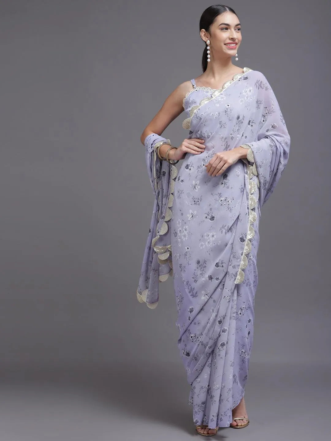 Purple Printed Georgette Saree - Libas 