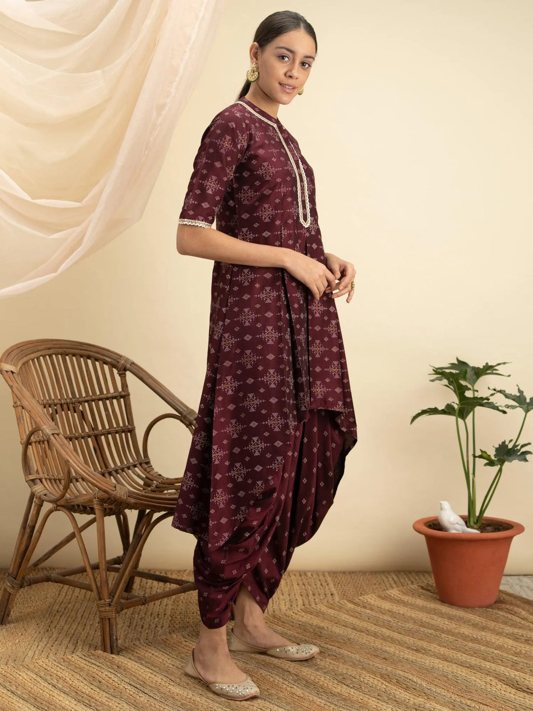 Purple Printed Silk A-Line Kurta Set - Libas