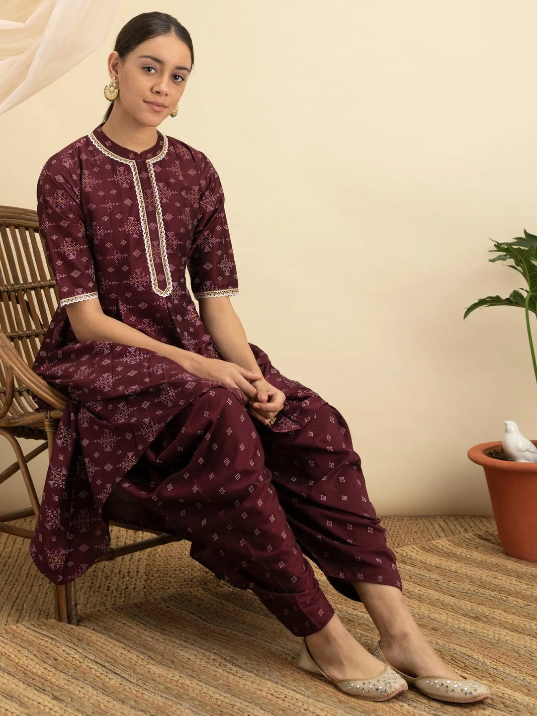 Purple Printed Silk A-Line Kurta Set - Libas 