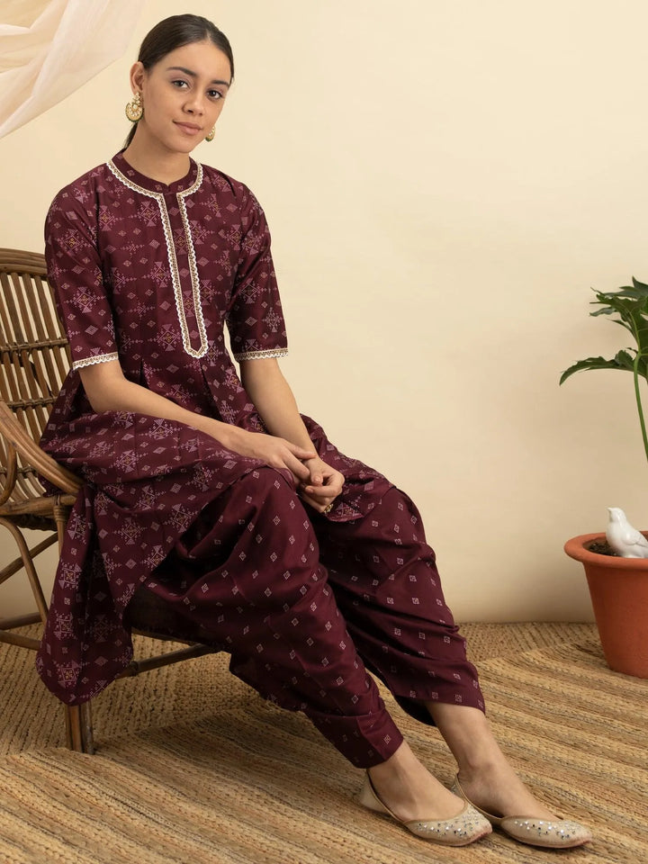 Purple Printed Silk A-Line Kurta Set - Libas