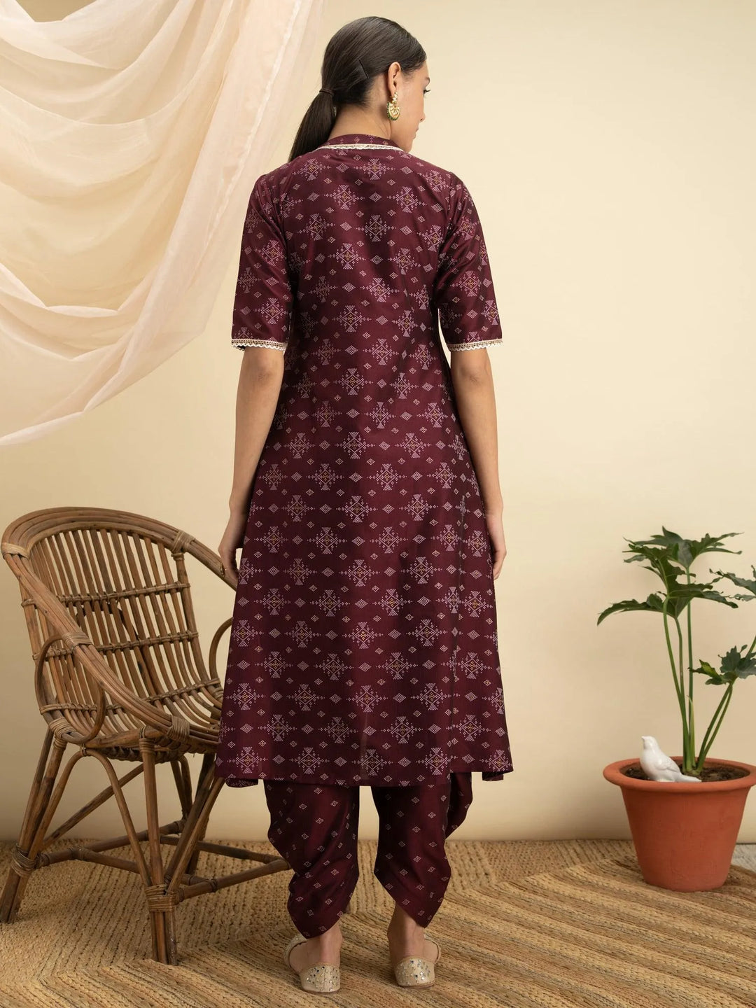 Purple Printed Silk A-Line Kurta Set - Libas 