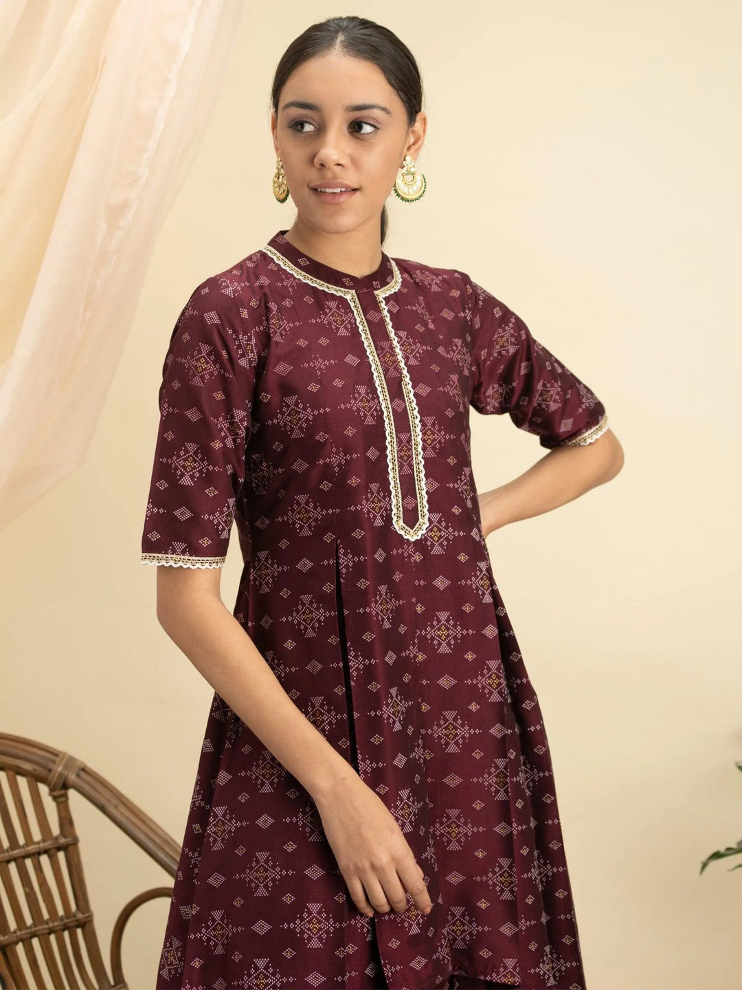 Purple Printed Silk A-Line Kurta Set - Libas 