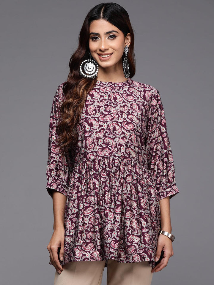 Purple Printed Silk Blend A-Line Kurti - Libas