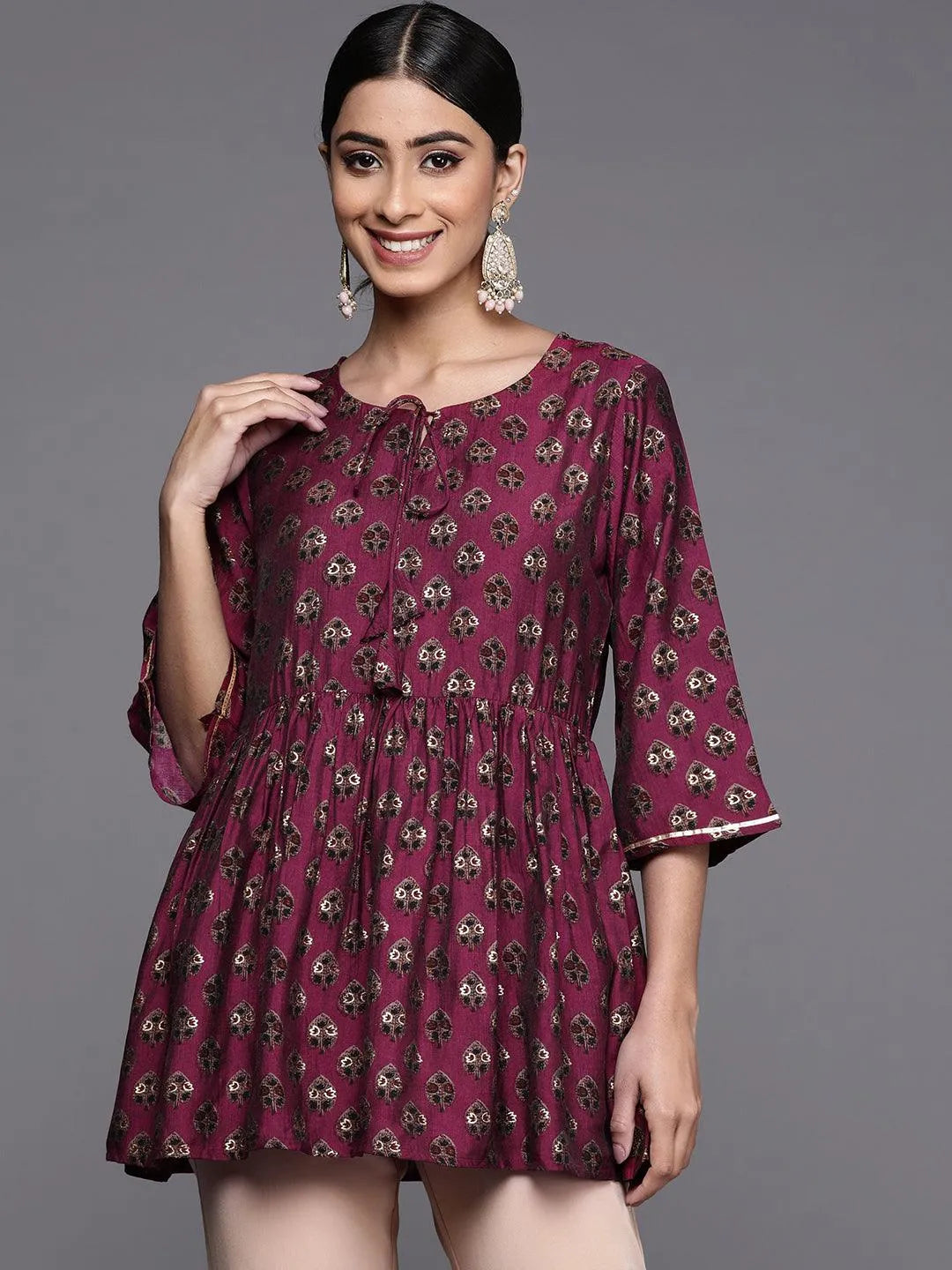 Purple Printed Silk Blend A-Line Kurti - Libas