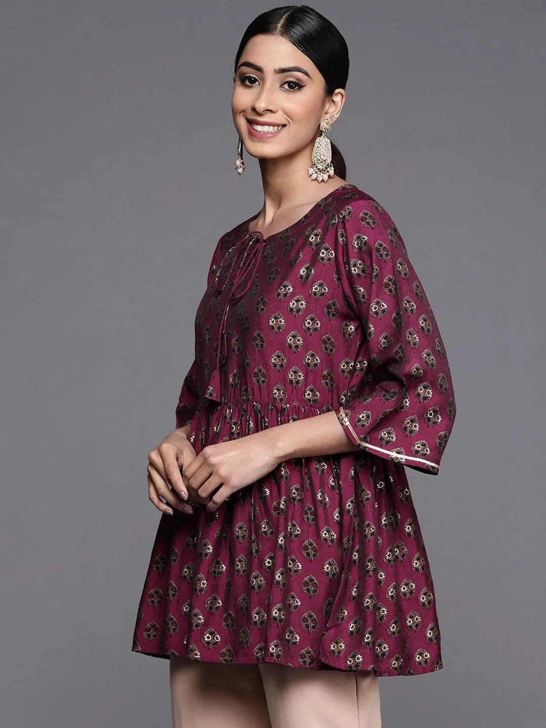 Purple Printed Silk Blend A-Line Kurti - Libas