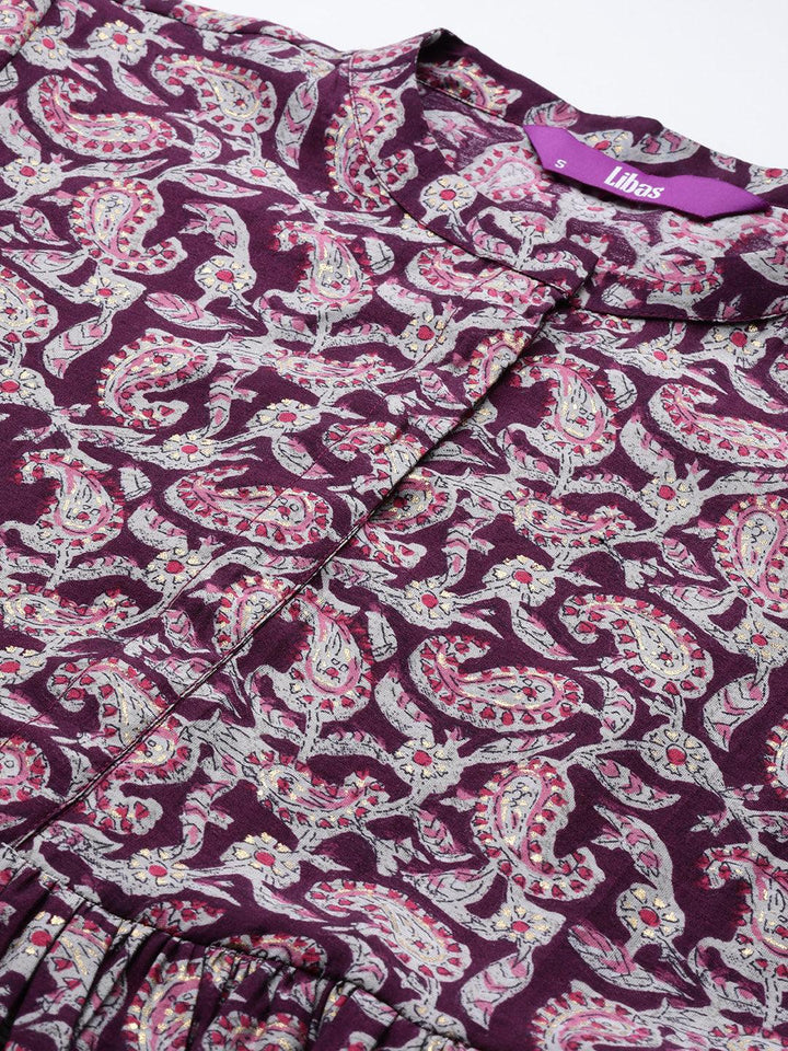 Purple Printed Silk Blend A-Line Kurti - Libas