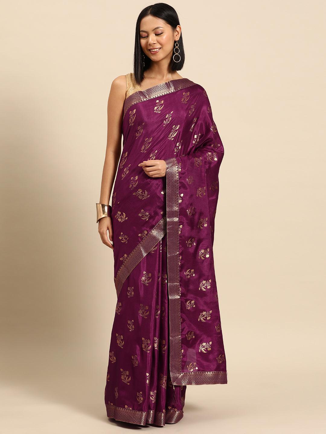 Purple Printed Silk Blend Saree - Libas