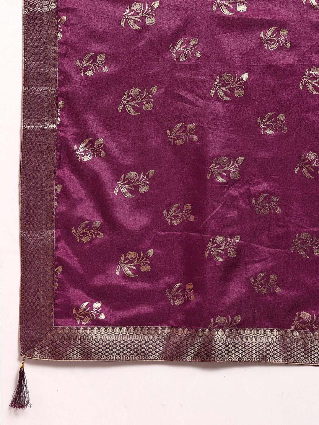 Purple Printed Silk Blend Saree - Libas