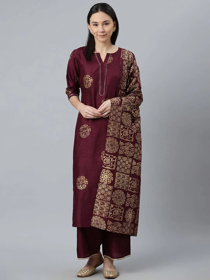 Purple Printed Silk Blend Suit Set - Libas