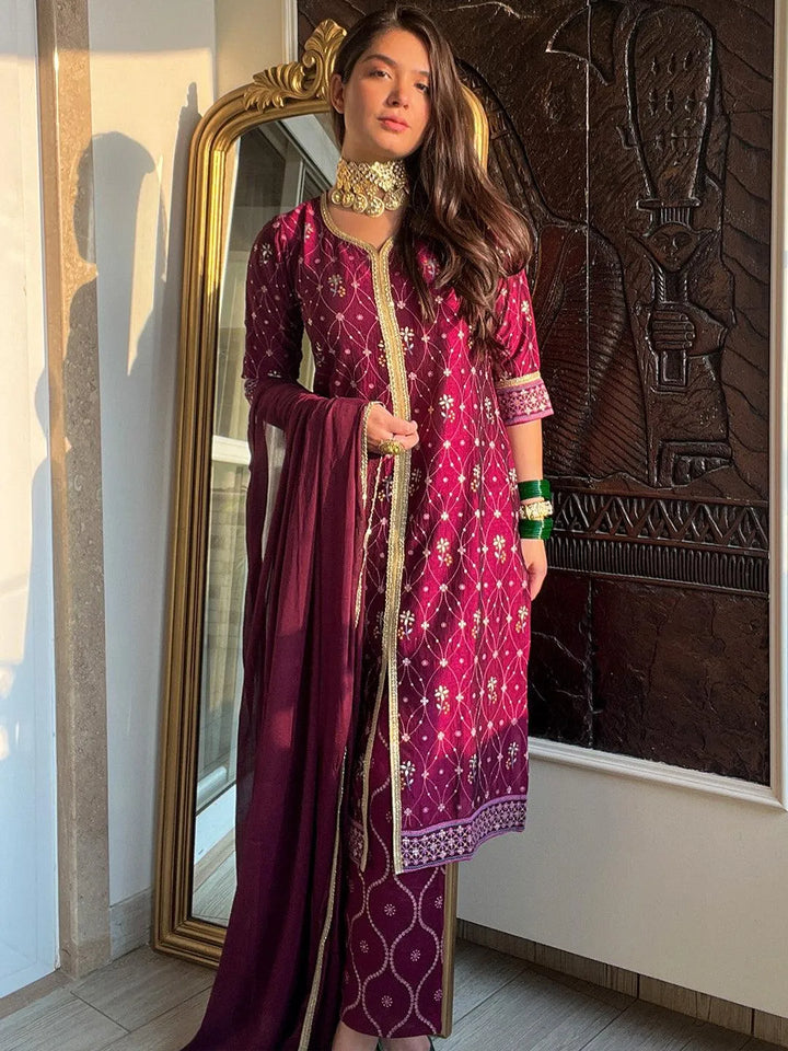 Purple Printed Silk Blend Suit Set - Libas