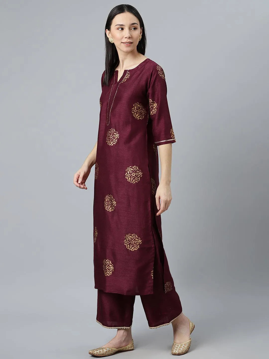 Purple Printed Silk Blend Suit Set - Libas