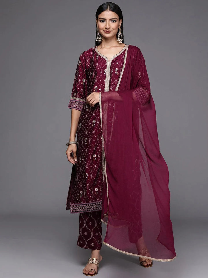 Purple Printed Silk Blend Suit Set - Libas