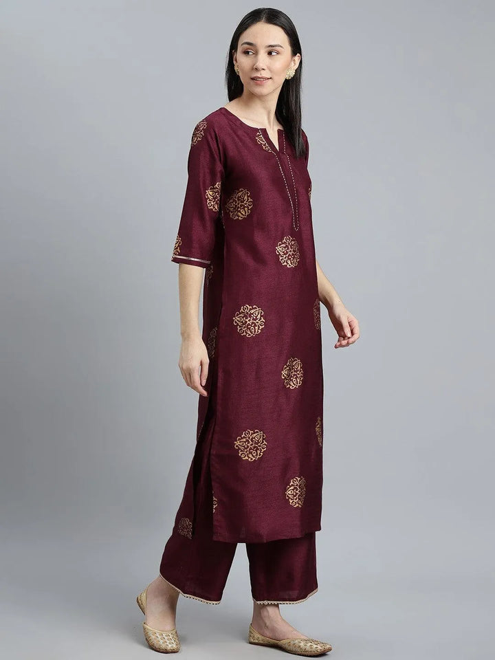 Purple Printed Silk Blend Suit Set - Libas