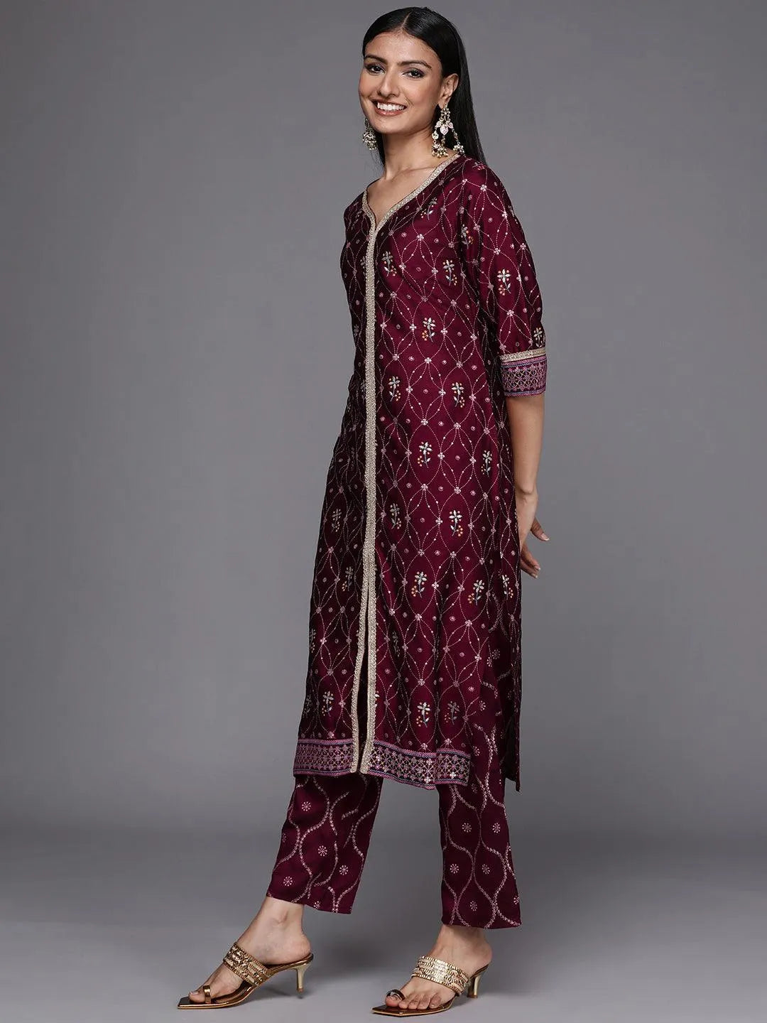 Purple Printed Silk Blend Suit Set - Libas