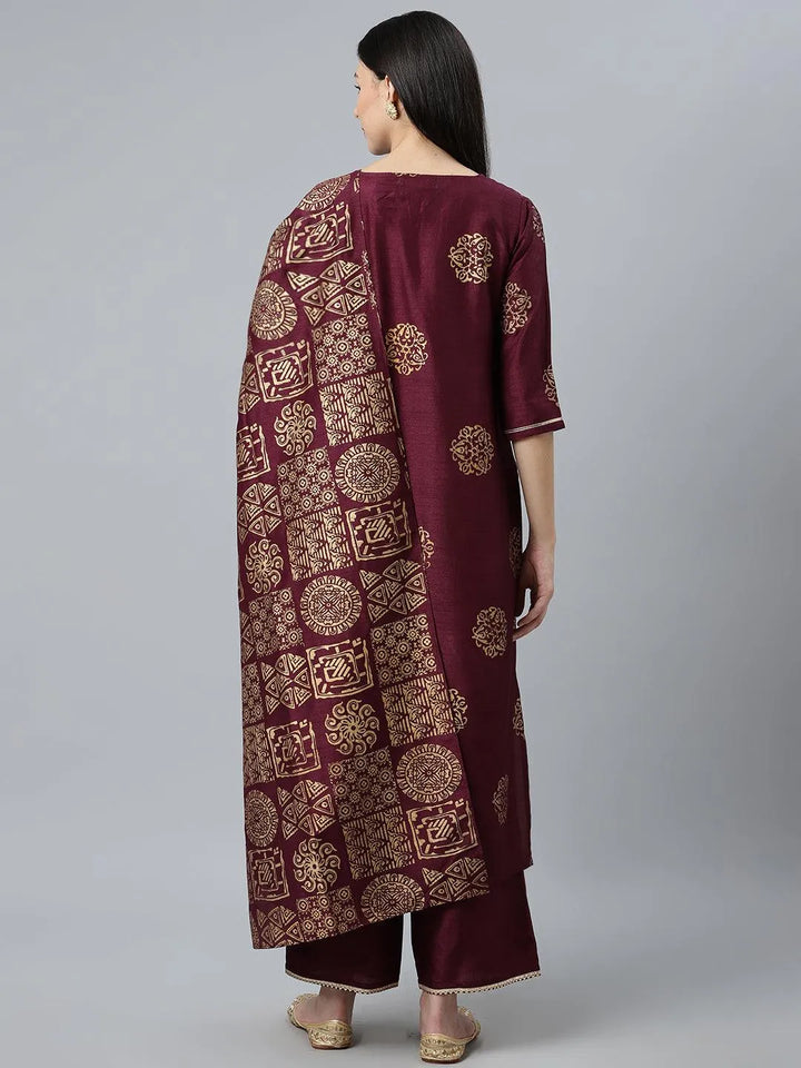 Purple Printed Silk Blend Suit Set - Libas