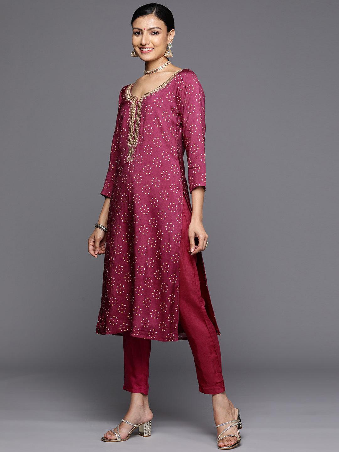 Purple Printed Silk Blend Straight Kurta With Trousers & Dupatta - Libas