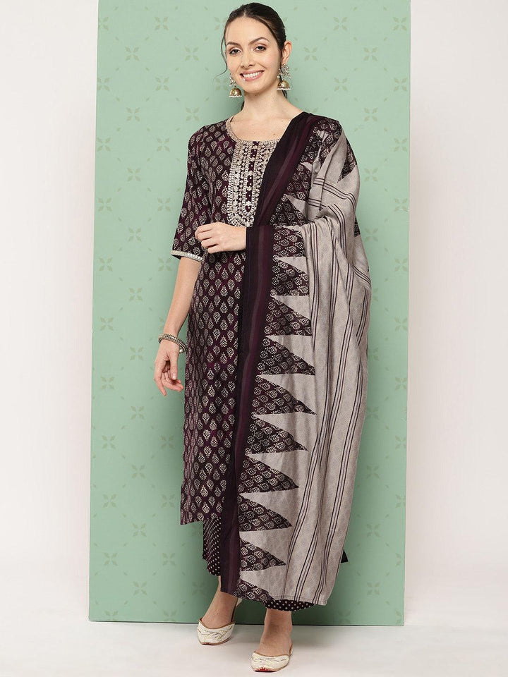 Purple Printed Silk Blend Straight Kurta With Trousers & Dupatta - Libas