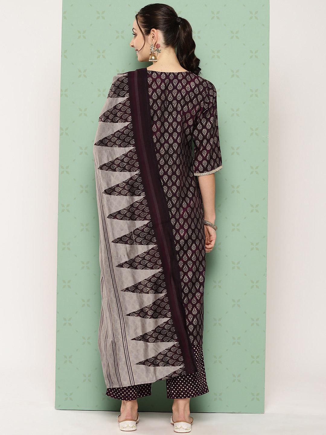 Purple Printed Silk Blend Straight Kurta With Trousers & Dupatta - Libas