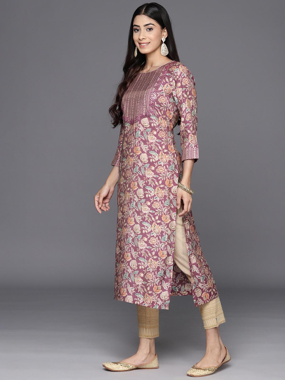 Purple Printed Silk Straight Kurta - Libas