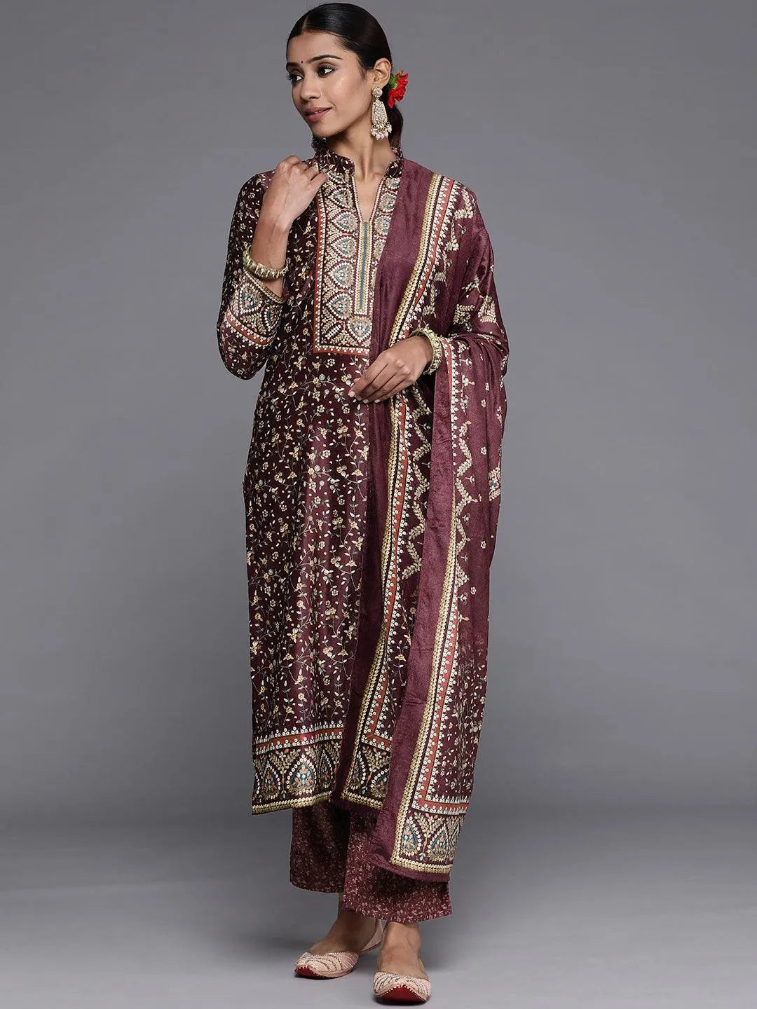 Purple Printed Velvet Straight Suit Set With Trousers - Libas