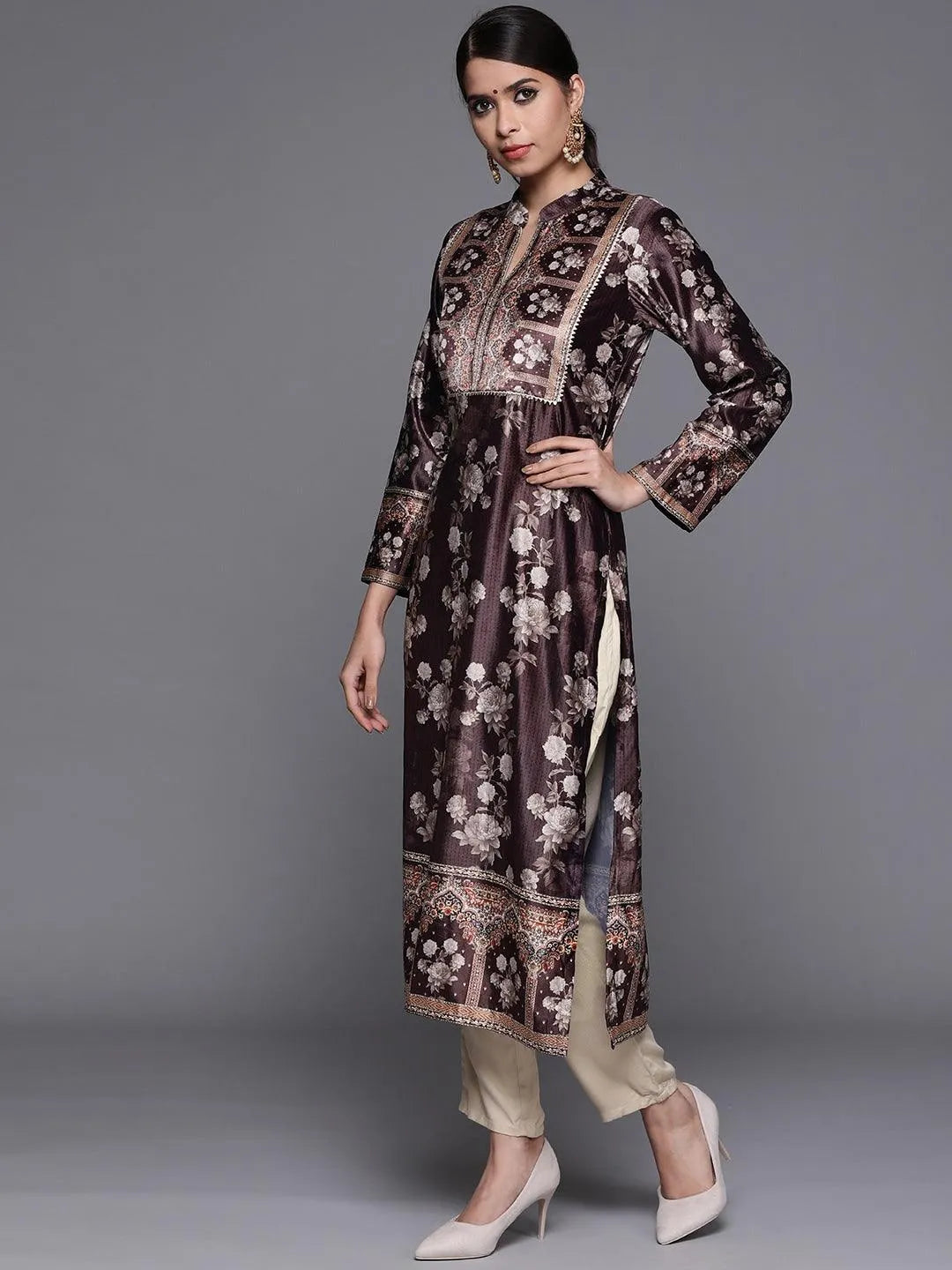 Purple Printed Velvet Suit Set - Libas 