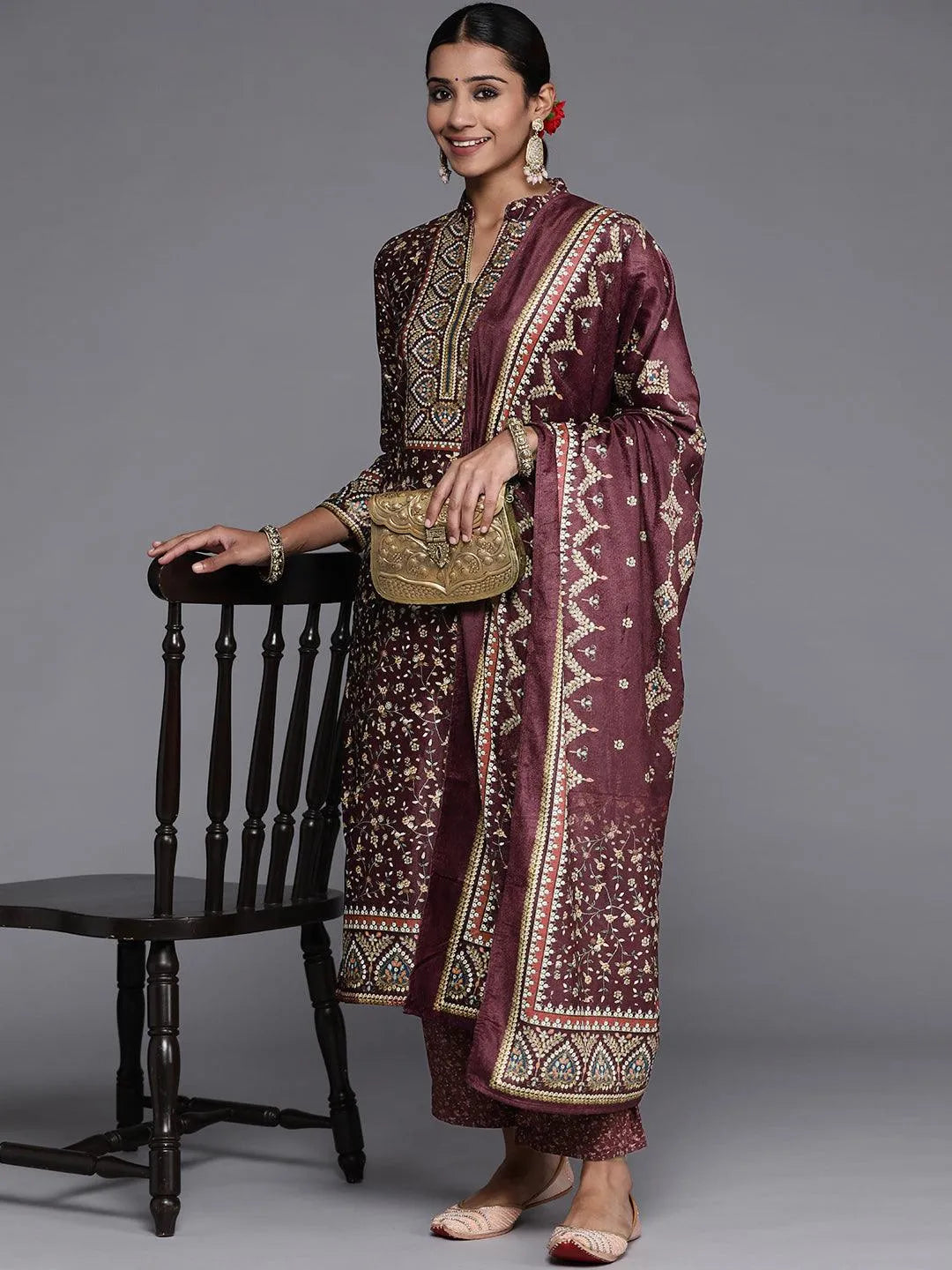 Purple Printed Velvet Straight Suit Set With Trousers - Libas 