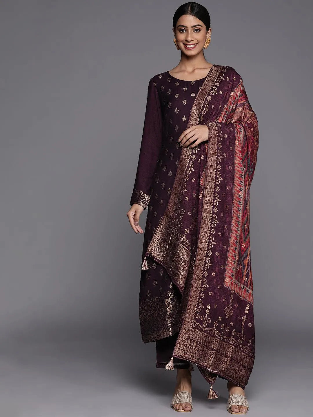 Purple Self Design Pashmina Wool Straight Suit Set - Libas