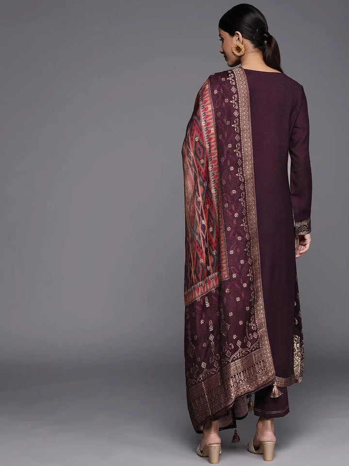 Purple Self Design Pashmina Wool Straight Suit Set - Libas