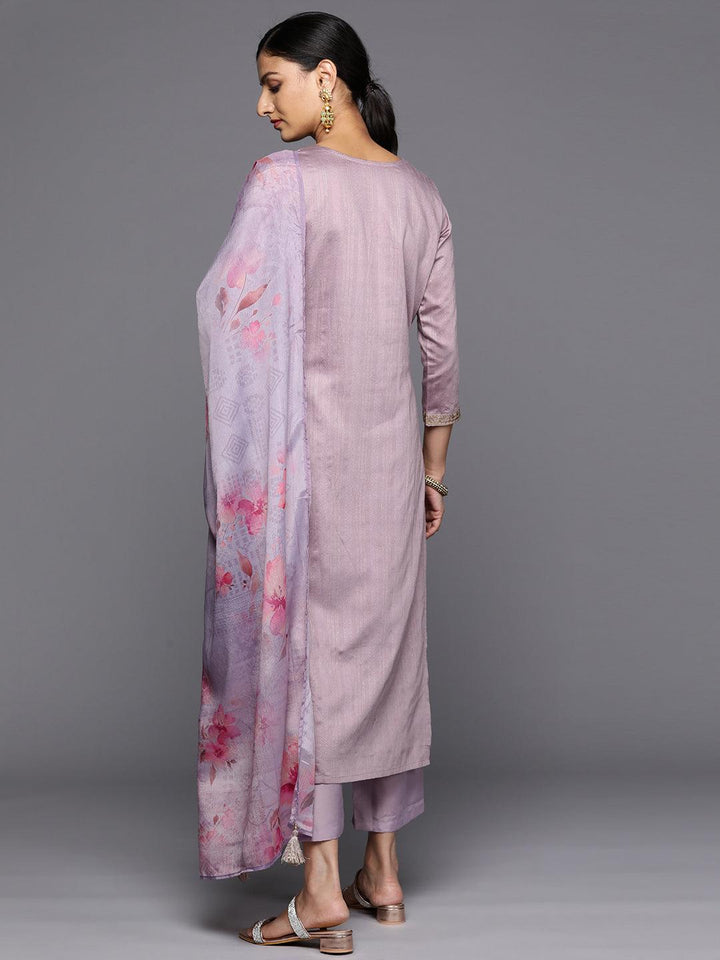 Purple Self Design Rayon Straight Kurta With Trousers & Dupatta - Libas