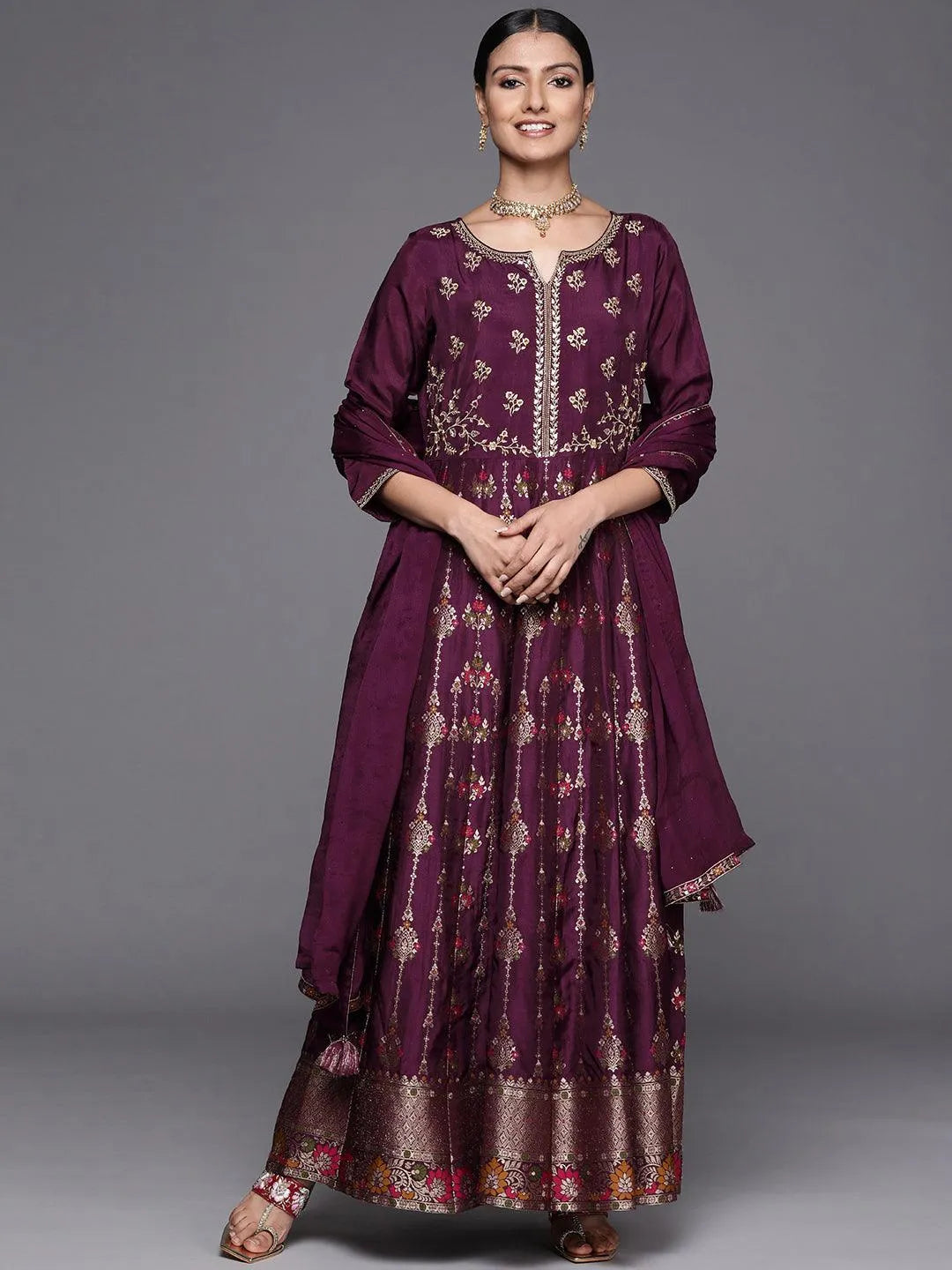 Buy Purple Self Design Silk Anarkali Kurta With Churidar & Dupatta ...