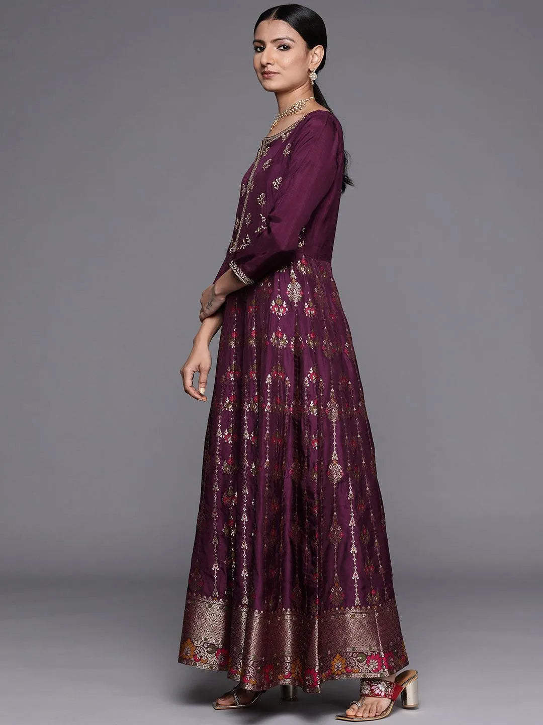 Purple Self Design Silk Anarkali Suit Set - Libas 