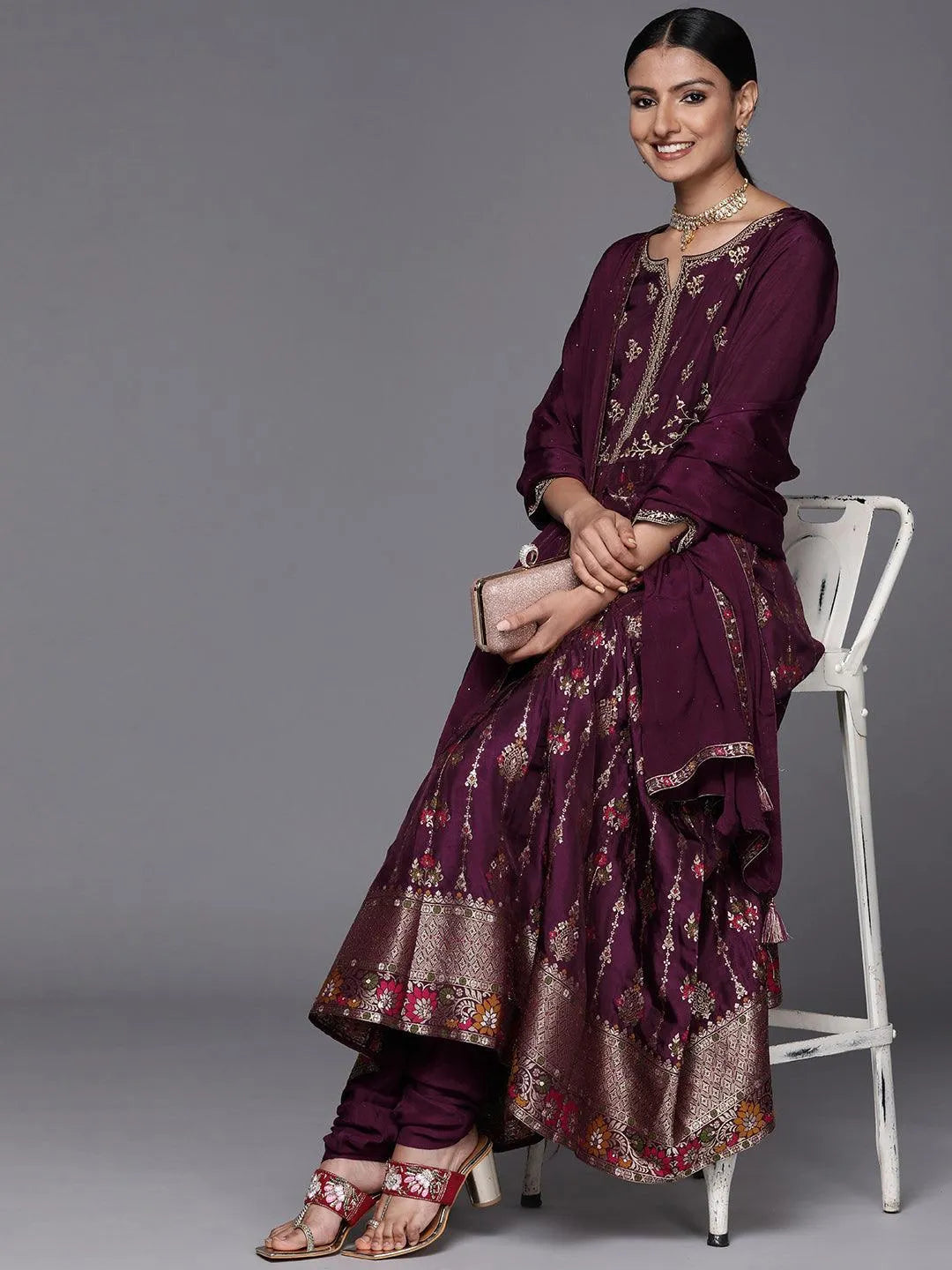 Purple Self Design Silk Anarkali Suit Set - Libas 