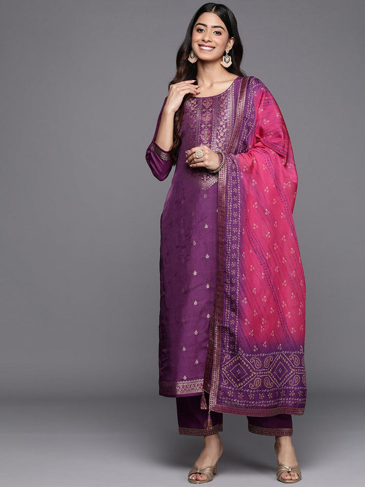 Purple Self Design Silk Blend Straight Suit Set With Trousers - Libas