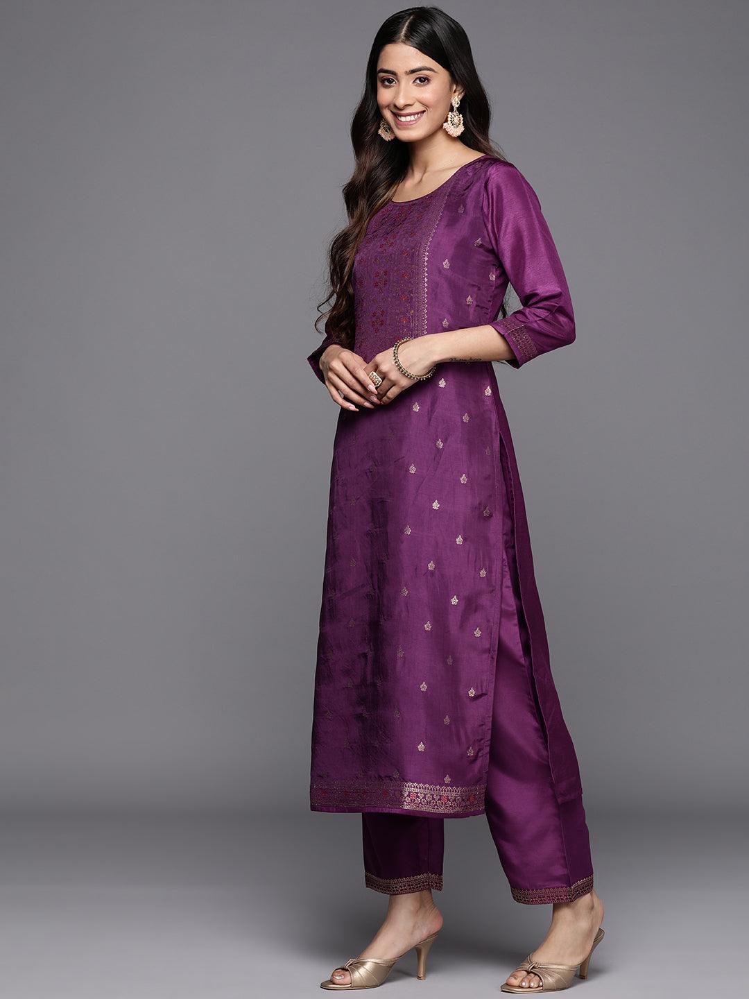 Purple Self Design Silk Blend Straight Suit Set With Trousers - Libas 