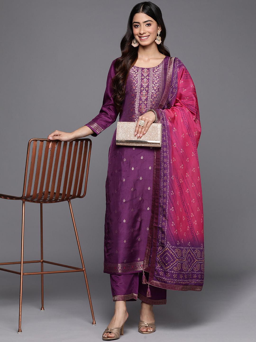 Purple Self Design Silk Blend Straight Suit Set With Trousers - Libas 