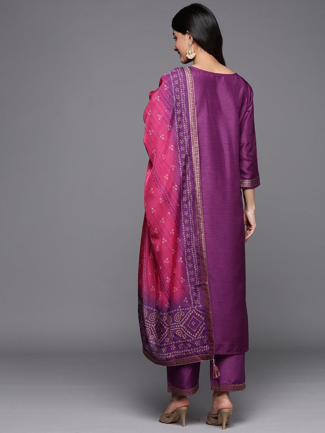 Purple Self Design Silk Blend Straight Suit Set With Trousers - Libas 