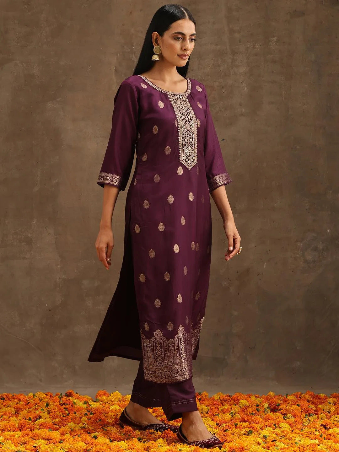 

Purple Self Design Silk Straight Kurta With Trousers & Dupatta