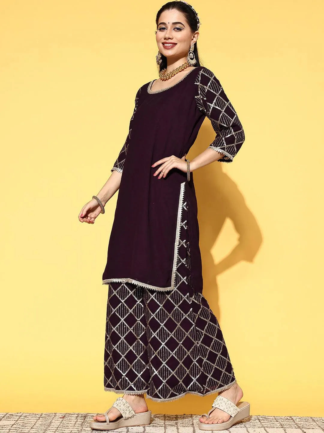 Purple Solid Georgette Straight Suit Set - Libas 