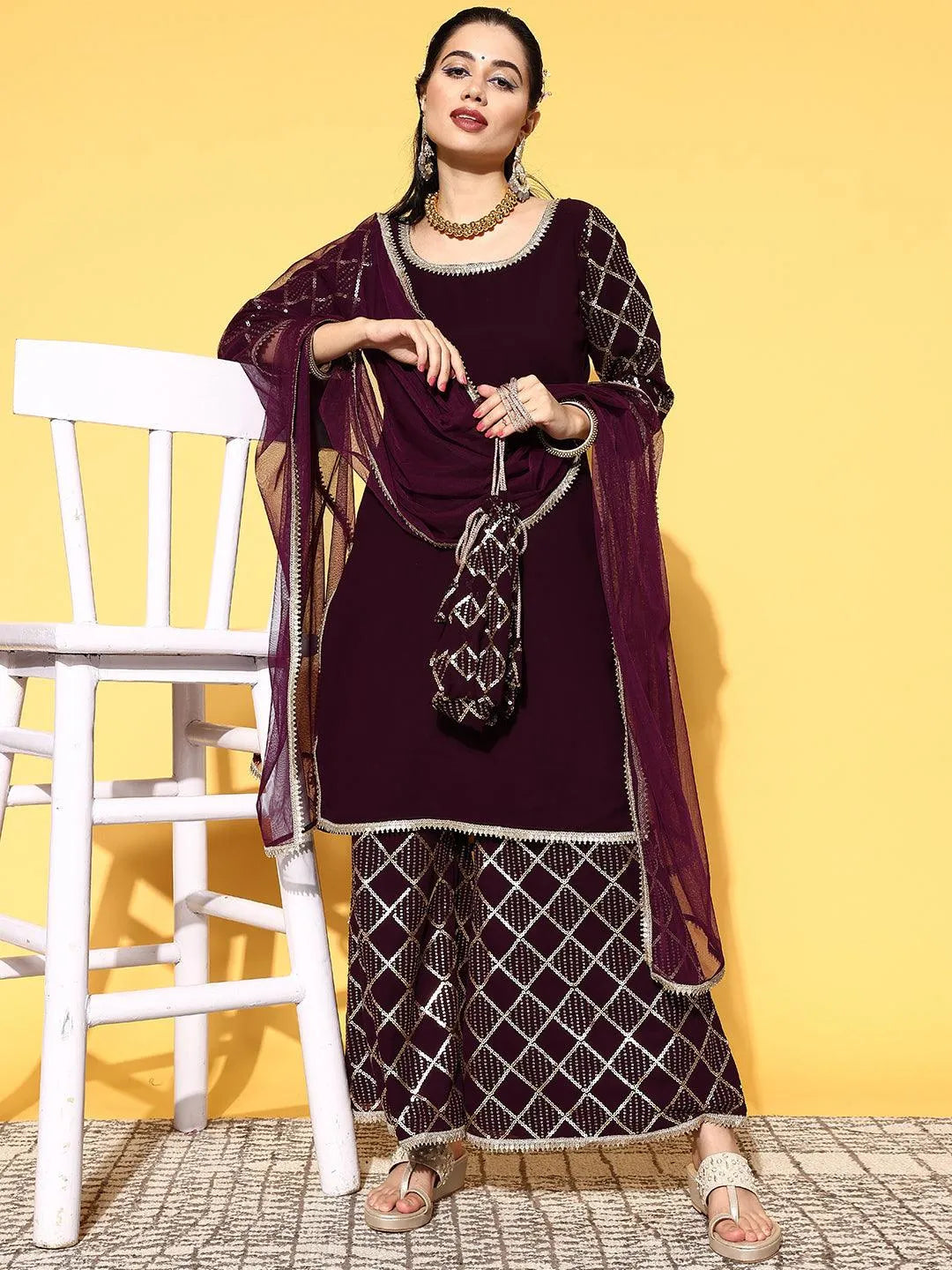 Purple Solid Georgette Straight Suit Set - Libas 