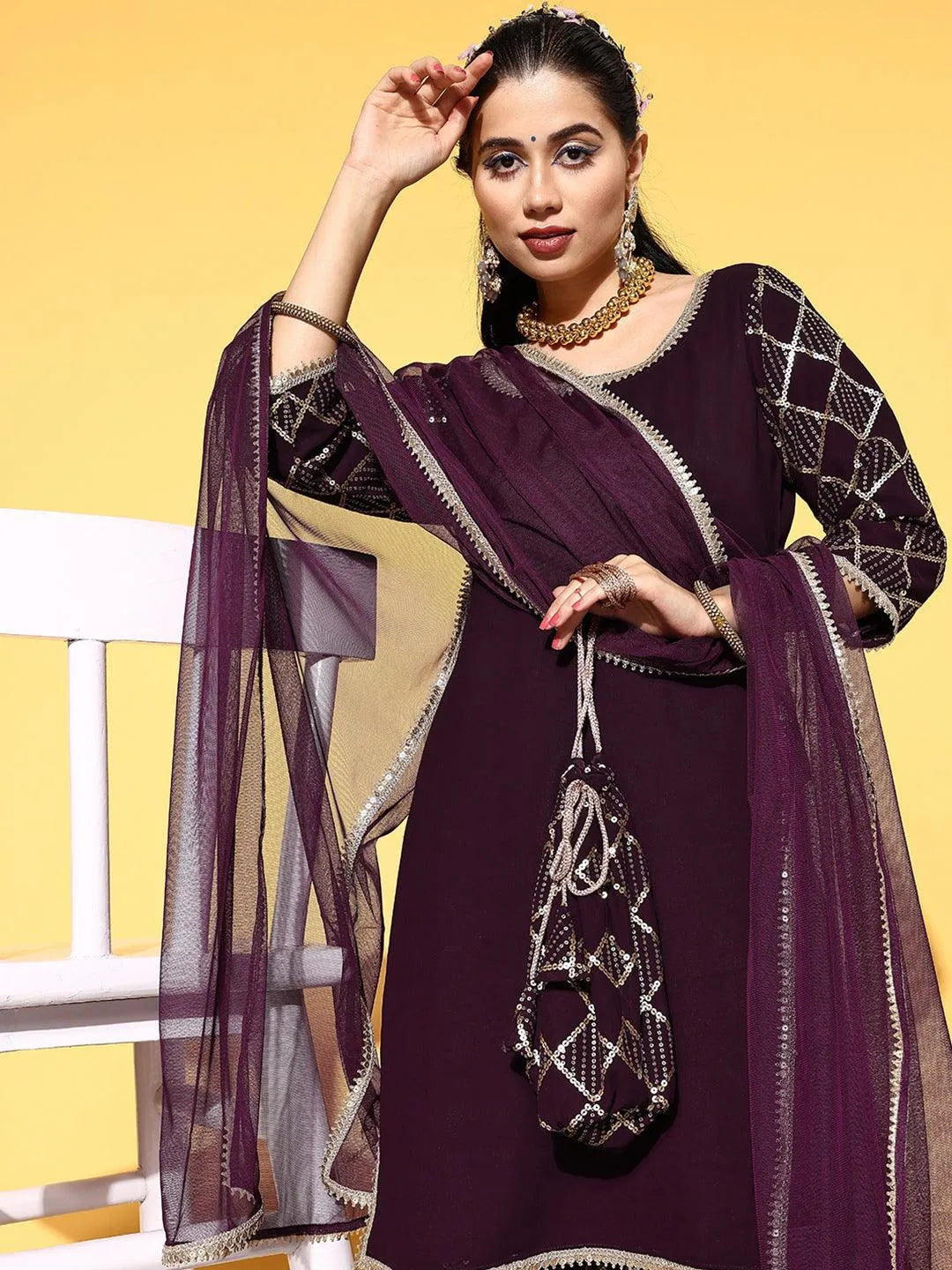 Purple Solid Georgette Straight Suit Set - Libas 